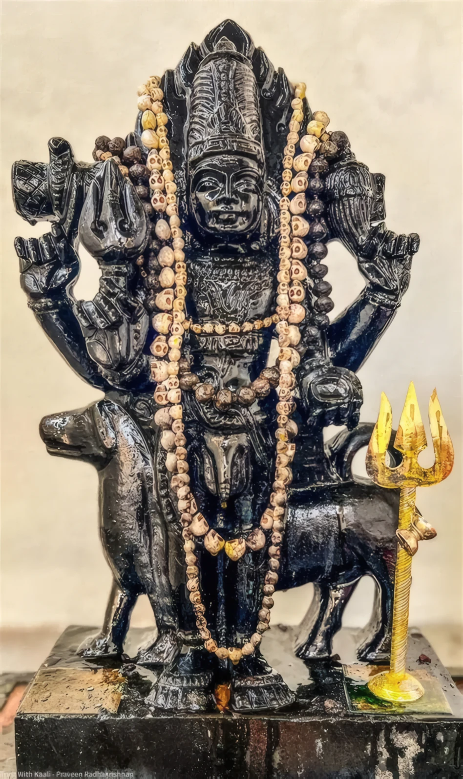 Dark sculpture of Bhairava with garlands, a dog, and a golden trident